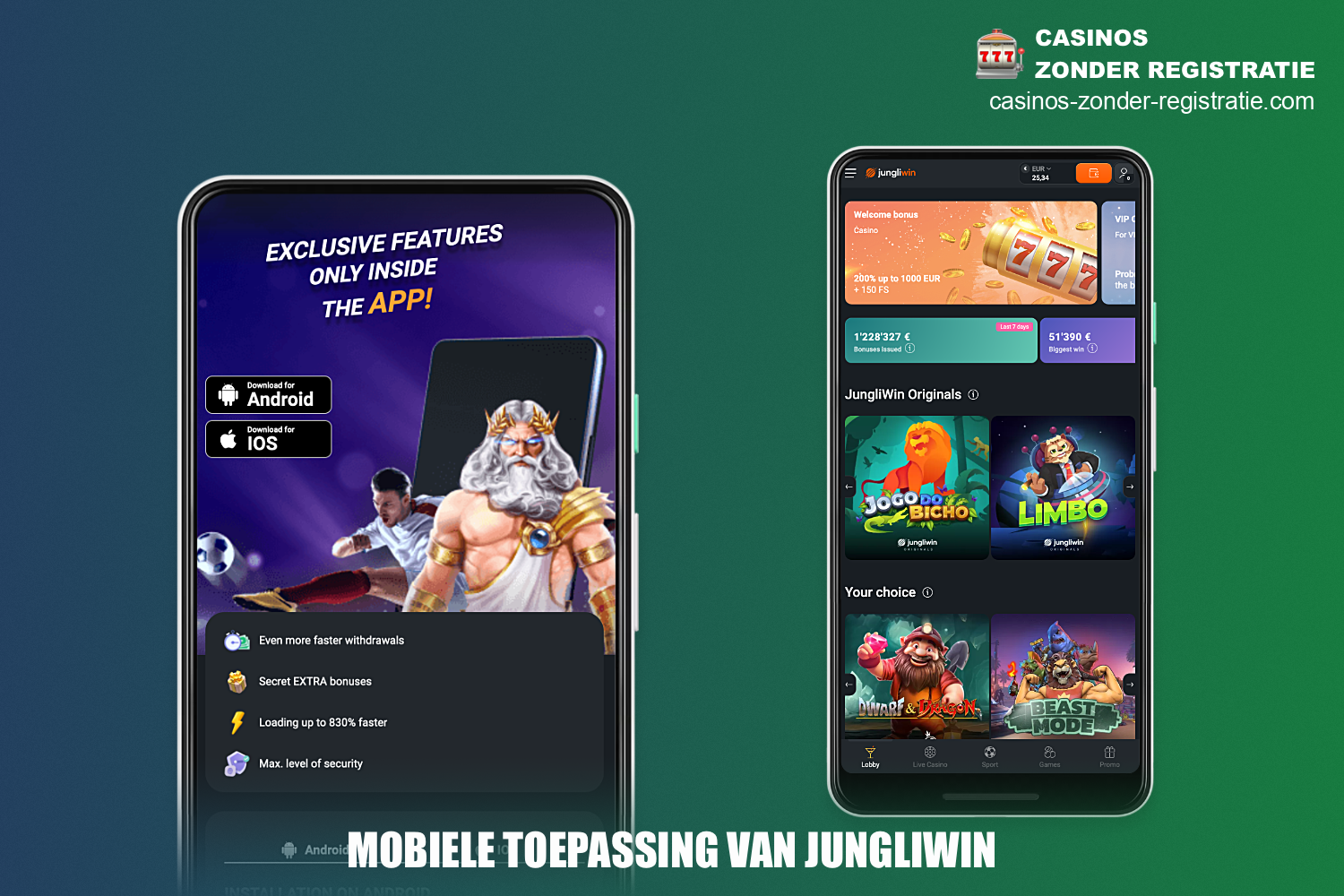 De JungliWin mobiele app kan worden gedownload en geïnstalleerd op zowel Android als iOS apparaten