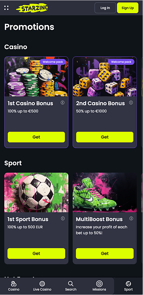 Er zijn verschillende bonussen beschikbaar voor gebruikers van de Starzino app, zowel voor sportweddenschappen als voor casinospellen